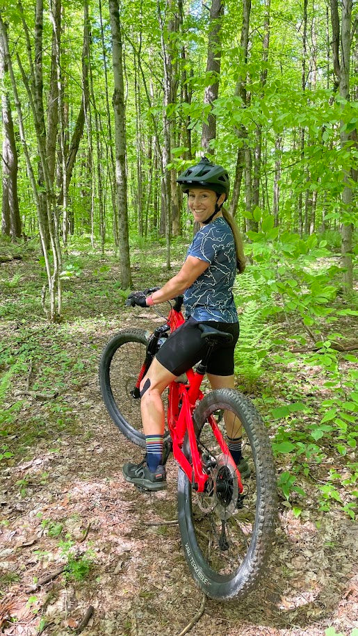 Cynthia Donovan mountain biking, representing active women and cycle health